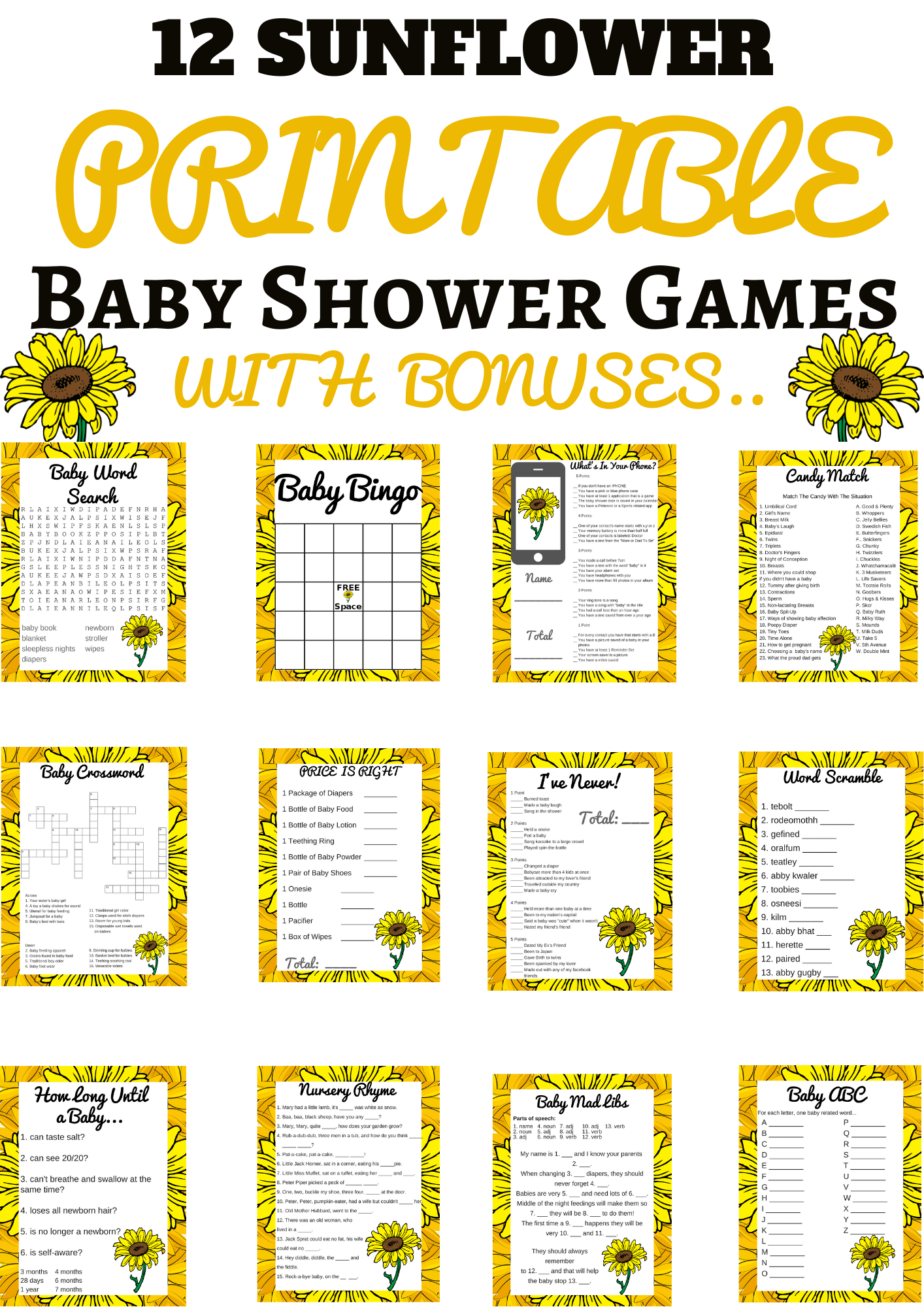 Sunflower Baby Shower Theme Printables Games