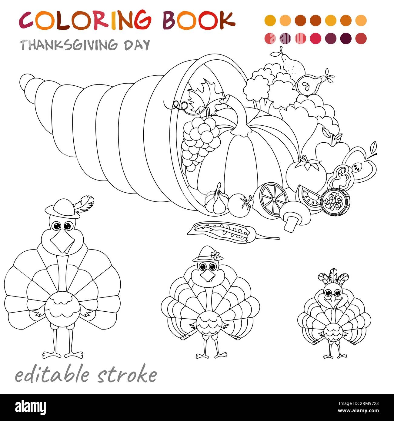 Thanksgiving Day The Cornucopia And The Family Of Turkeys Coloring Template For Children And Adults For Relaxation And Rest Stock Vector Image Art Alamy