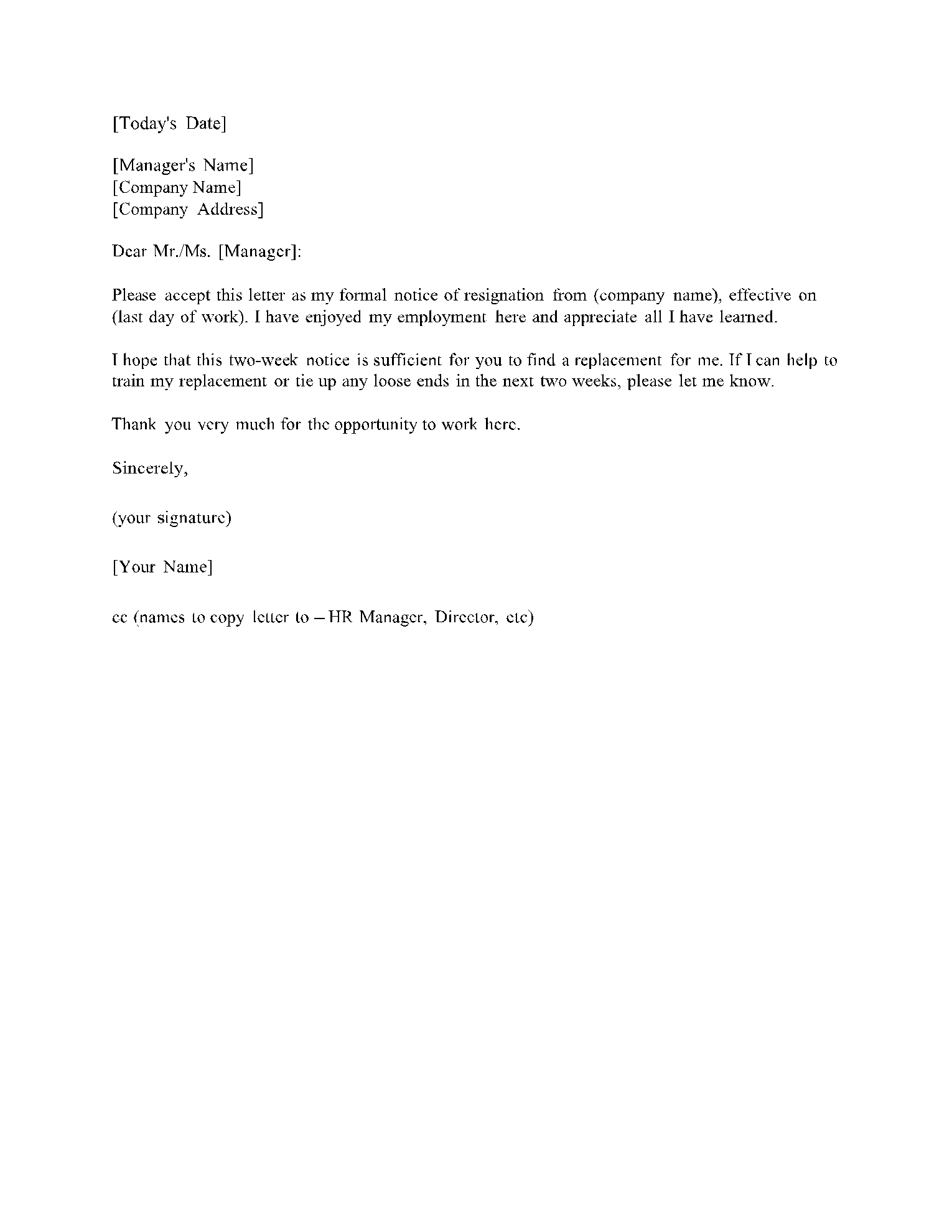 Two Weeks Notice Letter Template 100 Free CocoSign