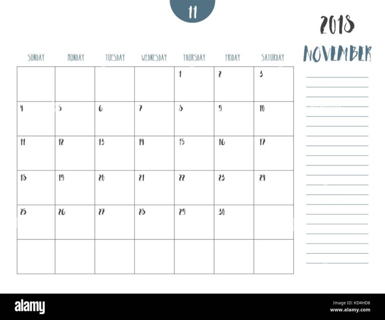 Vector Of Calendar 2018 November In Simple Clean Table Style With Note Line In Earth Tone Color Theme full Size 21 X 16 Cm Week Start On Sunday Stock Vector Image U0026 Art Alamy