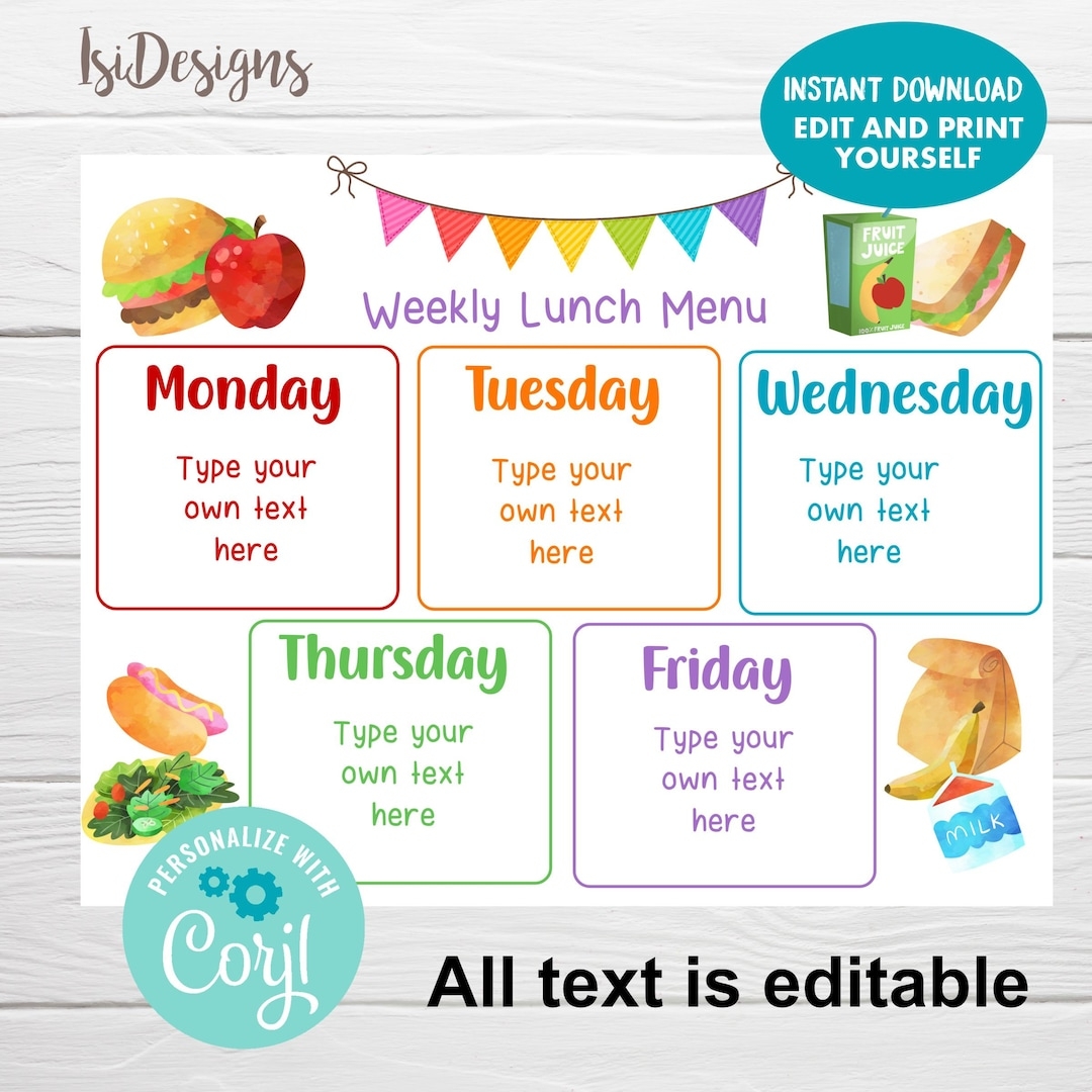 Weekly Menu Planner Editable Lunch Menu Template Instant Download School Lunch Menu Planner Back To School Printable Meal Planner Etsy