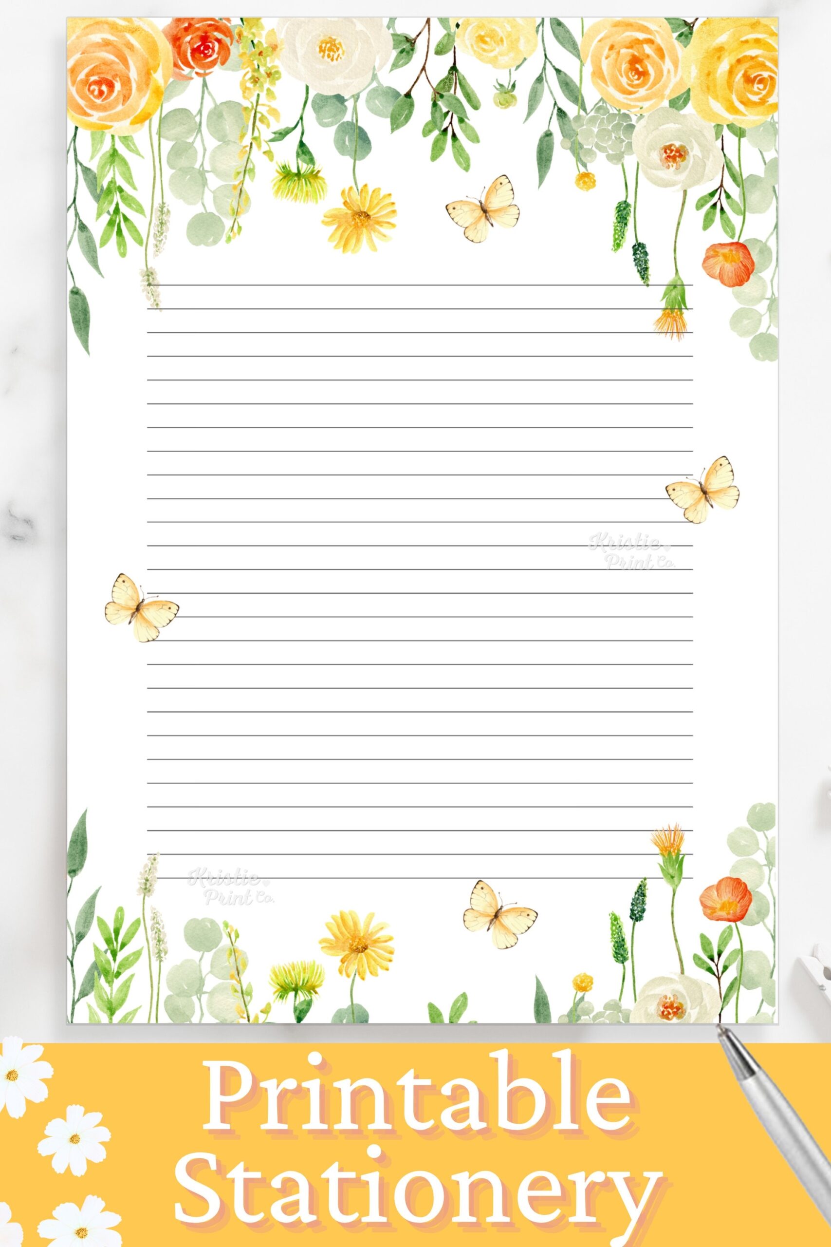 Yellow Floral Stationery Floral Printable Stationery Paper 